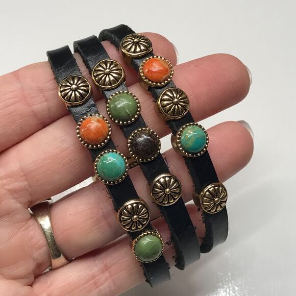 VTG Barse Black Leather Semi Precious Stone Accent Multi Strand Cuff Bracelet - Picture 6 of 14